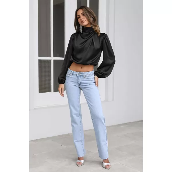 imagePRETTYGARDEN Womens 2023 Fall Fashion Crop Tops Long Sleeve Ruched Mock Neck Satin Shirt BlousesBlack