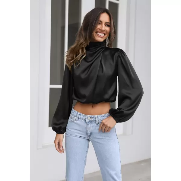 imagePRETTYGARDEN Womens 2023 Fall Fashion Crop Tops Long Sleeve Ruched Mock Neck Satin Shirt BlousesBlack