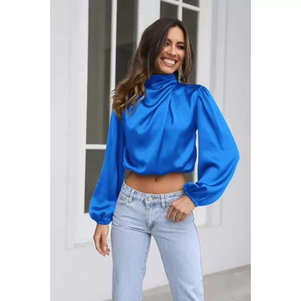 imagePRETTYGARDEN Womens 2023 Fall Fashion Crop Tops Long Sleeve Ruched Mock Neck Satin Shirt BlousesBrilliant Blue