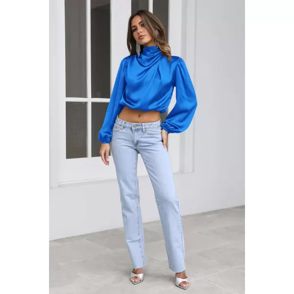imagePRETTYGARDEN Womens 2023 Fall Fashion Crop Tops Long Sleeve Ruched Mock Neck Satin Shirt BlousesBrilliant Blue