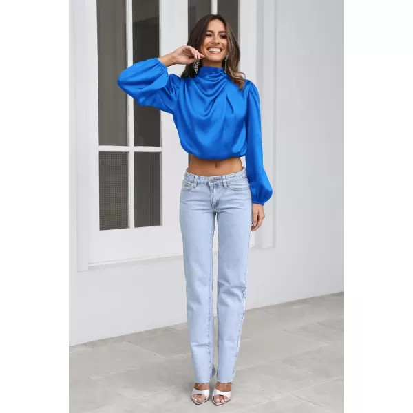 imagePRETTYGARDEN Womens 2023 Fall Fashion Crop Tops Long Sleeve Ruched Mock Neck Satin Shirt BlousesBrilliant Blue