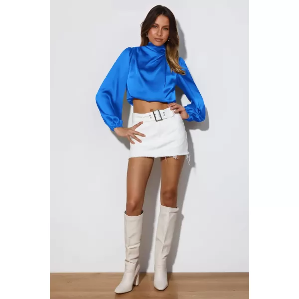 imagePRETTYGARDEN Womens 2023 Fall Fashion Crop Tops Long Sleeve Ruched Mock Neck Satin Shirt BlousesBrilliant Blue