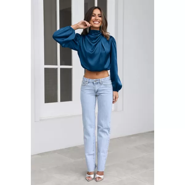 imagePRETTYGARDEN Womens 2023 Fall Fashion Crop Tops Long Sleeve Ruched Mock Neck Satin Shirt BlousesDark Blue