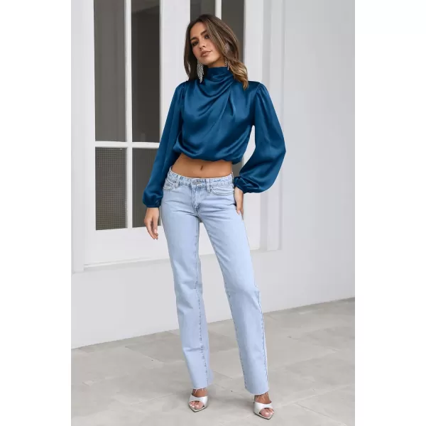 imagePRETTYGARDEN Womens 2023 Fall Fashion Crop Tops Long Sleeve Ruched Mock Neck Satin Shirt BlousesDark Blue