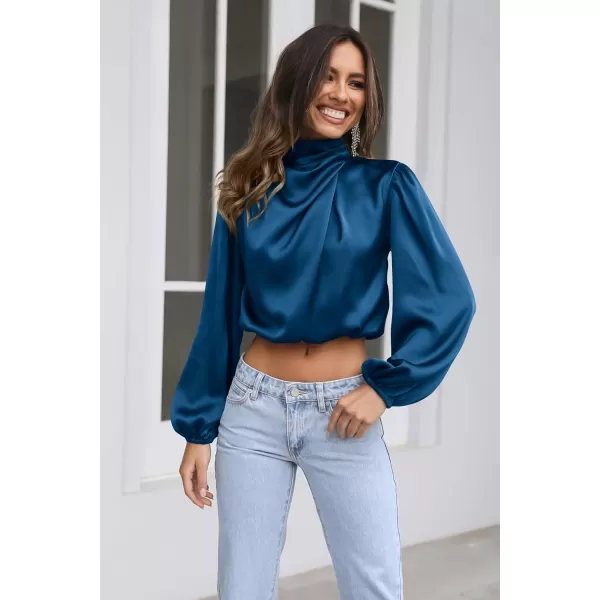 imagePRETTYGARDEN Womens 2023 Fall Fashion Crop Tops Long Sleeve Ruched Mock Neck Satin Shirt BlousesDark Blue