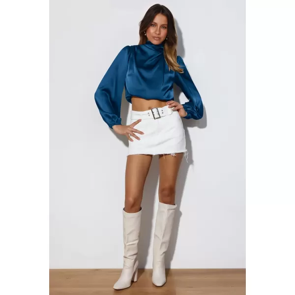 imagePRETTYGARDEN Womens 2023 Fall Fashion Crop Tops Long Sleeve Ruched Mock Neck Satin Shirt BlousesDark Blue