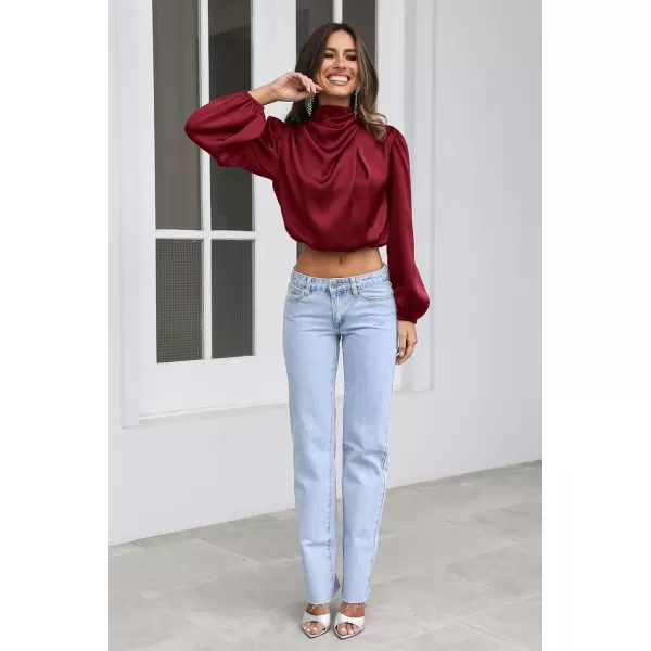 imagePRETTYGARDEN Womens 2023 Fall Fashion Crop Tops Long Sleeve Ruched Mock Neck Satin Shirt BlousesDeep Red