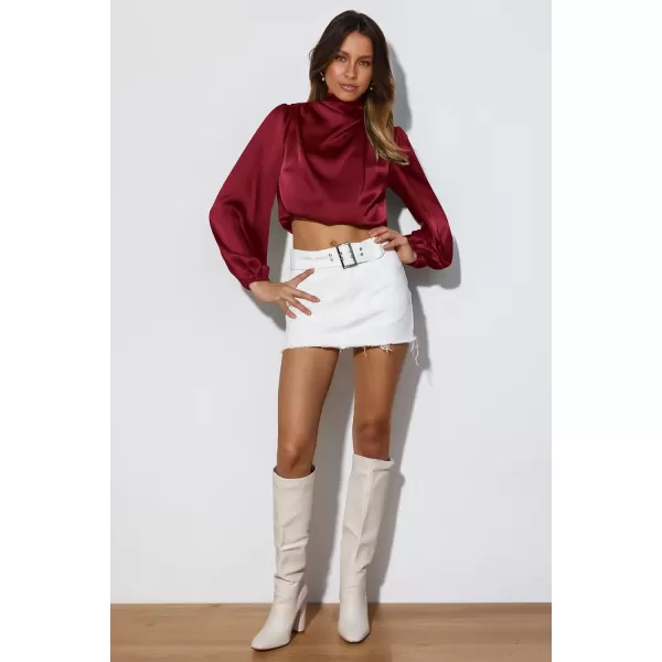imagePRETTYGARDEN Womens 2023 Fall Fashion Crop Tops Long Sleeve Ruched Mock Neck Satin Shirt BlousesDeep Red