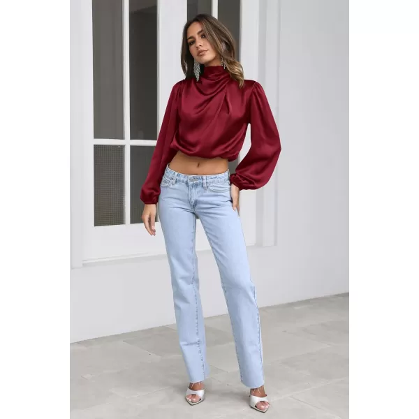 imagePRETTYGARDEN Womens 2023 Fall Fashion Crop Tops Long Sleeve Ruched Mock Neck Satin Shirt BlousesDeep Red