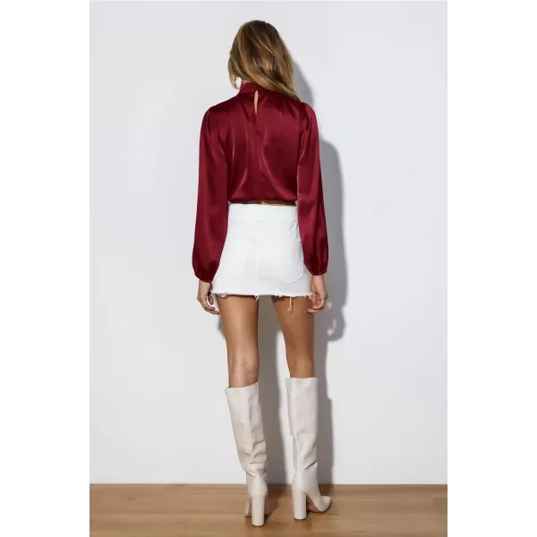 imagePRETTYGARDEN Womens 2023 Fall Fashion Crop Tops Long Sleeve Ruched Mock Neck Satin Shirt BlousesDeep Red