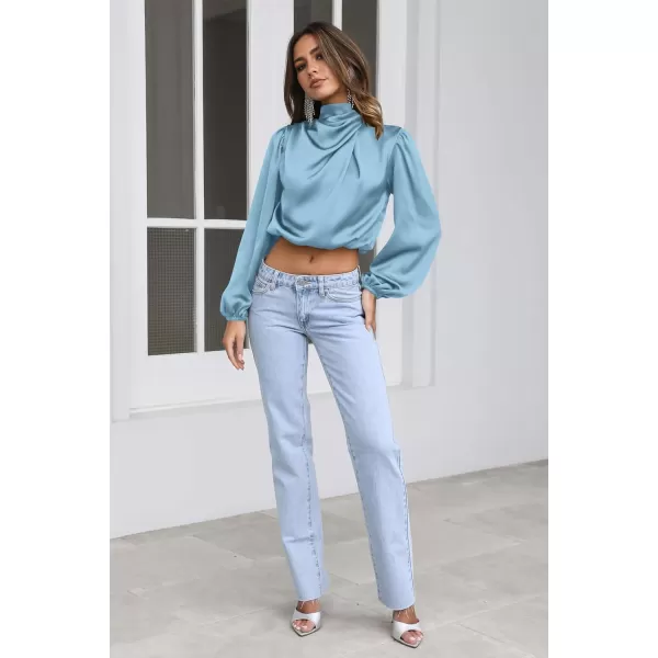 imagePRETTYGARDEN Womens 2023 Fall Fashion Crop Tops Long Sleeve Ruched Mock Neck Satin Shirt BlousesLight Blue