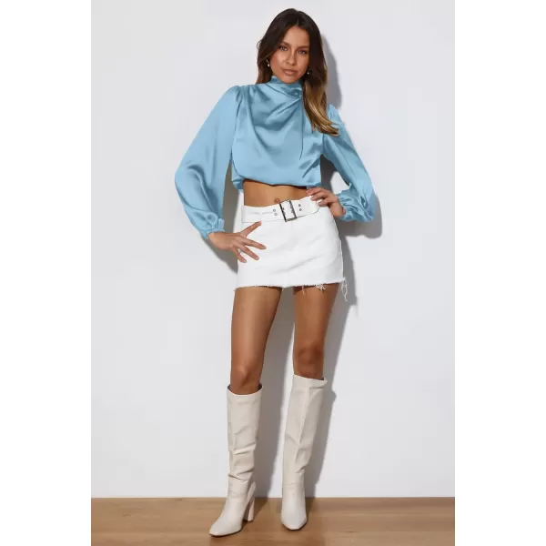 imagePRETTYGARDEN Womens 2023 Fall Fashion Crop Tops Long Sleeve Ruched Mock Neck Satin Shirt BlousesLight Blue
