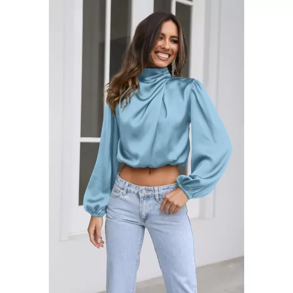 imagePRETTYGARDEN Womens 2023 Fall Fashion Crop Tops Long Sleeve Ruched Mock Neck Satin Shirt BlousesLight Blue