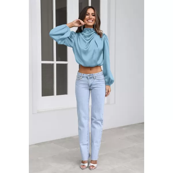 imagePRETTYGARDEN Womens 2023 Fall Fashion Crop Tops Long Sleeve Ruched Mock Neck Satin Shirt BlousesLight Blue