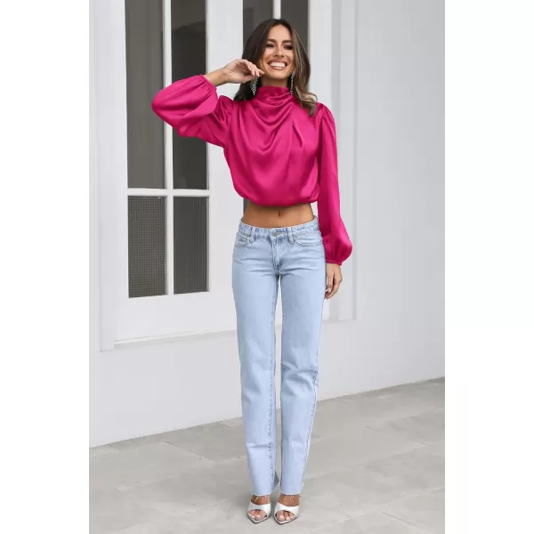 imagePRETTYGARDEN Womens 2023 Fall Fashion Crop Tops Long Sleeve Ruched Mock Neck Satin Shirt BlousesRose Red