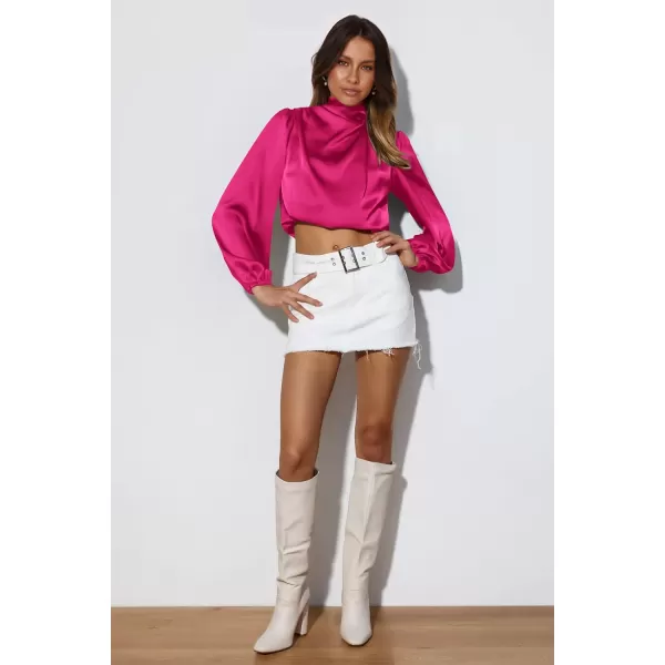 imagePRETTYGARDEN Womens 2023 Fall Fashion Crop Tops Long Sleeve Ruched Mock Neck Satin Shirt BlousesRose Red