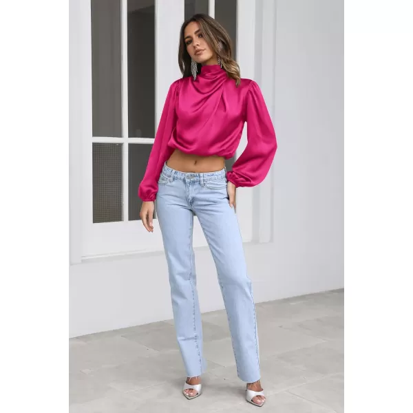 imagePRETTYGARDEN Womens 2023 Fall Fashion Crop Tops Long Sleeve Ruched Mock Neck Satin Shirt BlousesRose Red