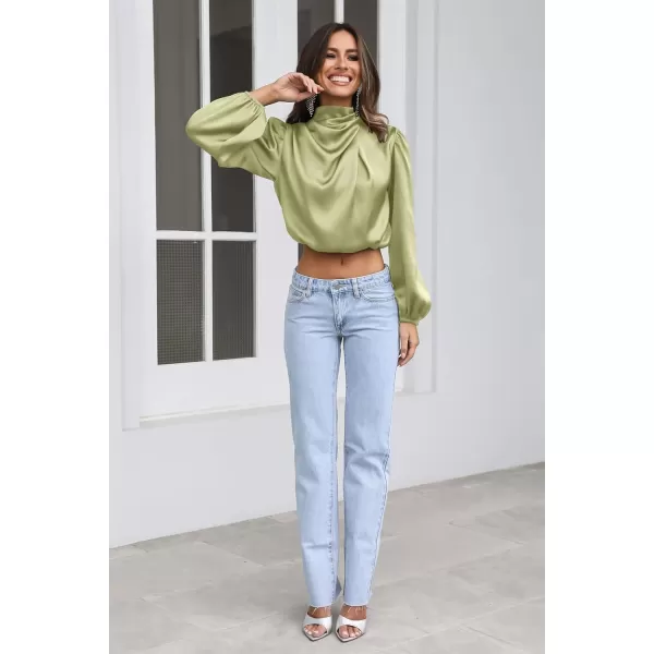 imagePRETTYGARDEN Womens 2023 Fall Fashion Crop Tops Long Sleeve Ruched Mock Neck Satin Shirt BlousesTender Green