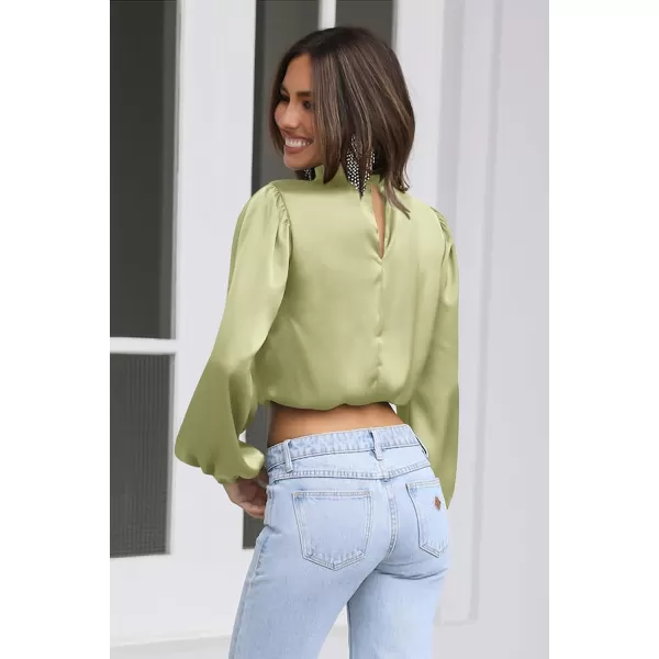 imagePRETTYGARDEN Womens 2023 Fall Fashion Crop Tops Long Sleeve Ruched Mock Neck Satin Shirt BlousesTender Green