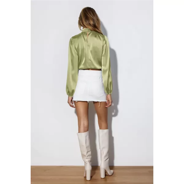 imagePRETTYGARDEN Womens 2023 Fall Fashion Crop Tops Long Sleeve Ruched Mock Neck Satin Shirt BlousesTender Green