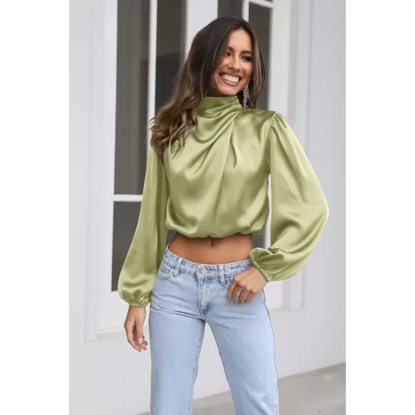 imagePRETTYGARDEN Womens 2023 Fall Fashion Crop Tops Long Sleeve Ruched Mock Neck Satin Shirt BlousesTender Green