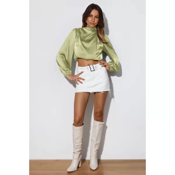imagePRETTYGARDEN Womens 2023 Fall Fashion Crop Tops Long Sleeve Ruched Mock Neck Satin Shirt BlousesTender Green