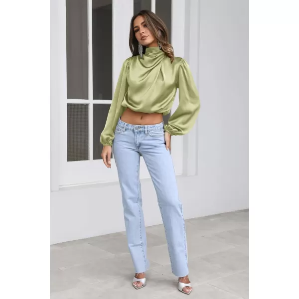 imagePRETTYGARDEN Womens 2023 Fall Fashion Crop Tops Long Sleeve Ruched Mock Neck Satin Shirt BlousesTender Green