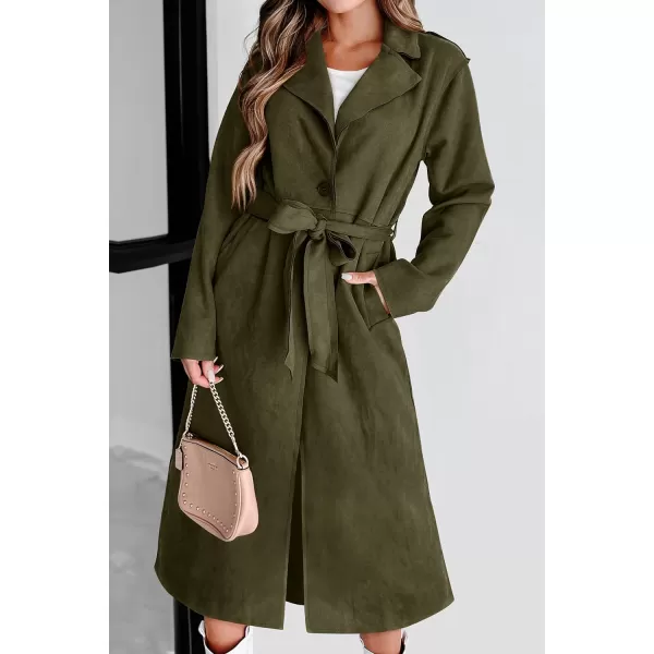 imagePRETTYGARDEN Womens 2023 Fall Fashion Overcoat Faux Suede Shacket Jacket Lapel Belted Long Trench CoatsArmy Green