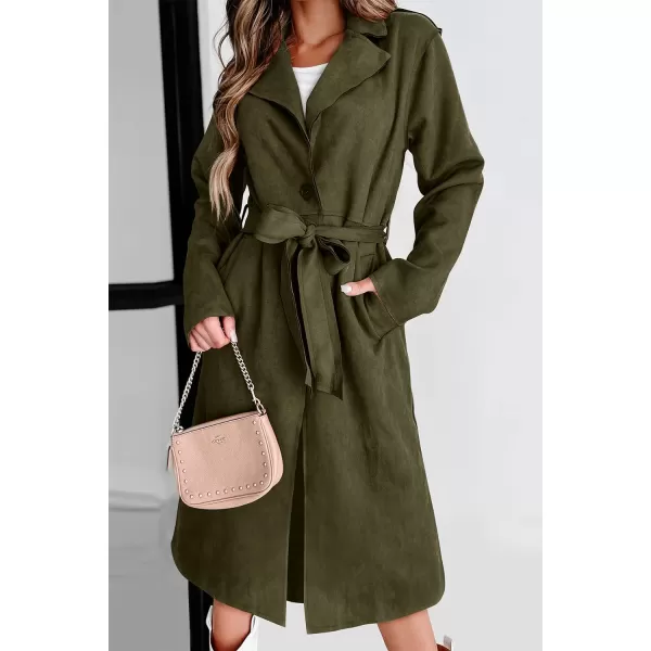 imagePRETTYGARDEN Womens 2023 Fall Fashion Overcoat Faux Suede Shacket Jacket Lapel Belted Long Trench CoatsArmy Green