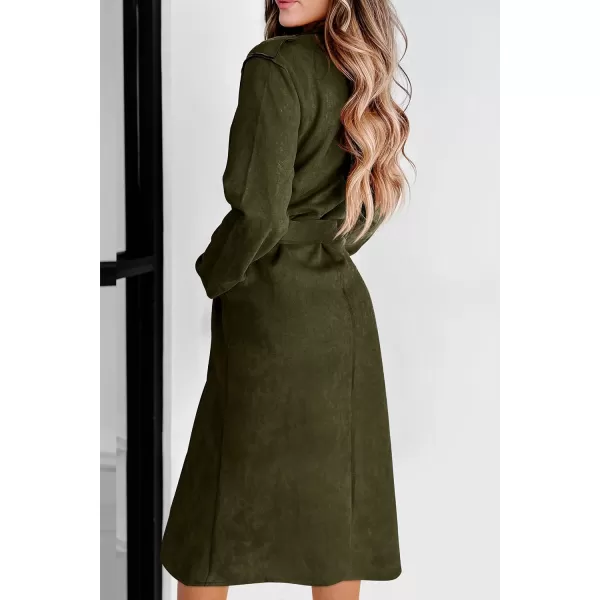 imagePRETTYGARDEN Womens 2023 Fall Fashion Overcoat Faux Suede Shacket Jacket Lapel Belted Long Trench CoatsArmy Green