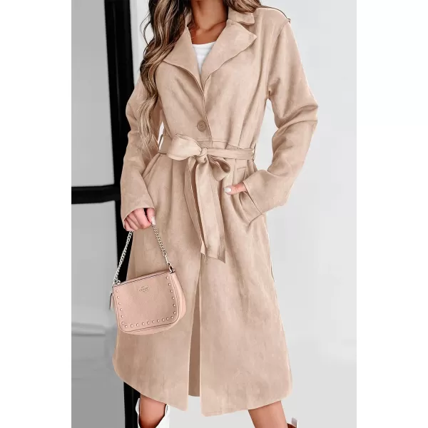imagePRETTYGARDEN Womens 2023 Fall Fashion Overcoat Faux Suede Shacket Jacket Lapel Belted Long Trench CoatsBeige