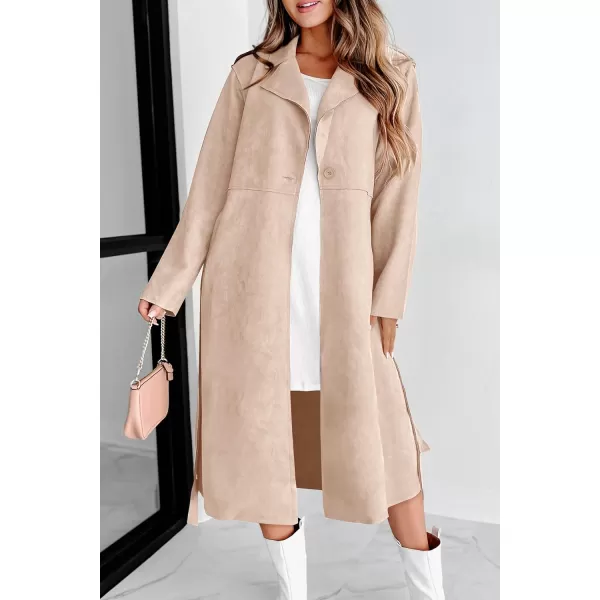 imagePRETTYGARDEN Womens 2023 Fall Fashion Overcoat Faux Suede Shacket Jacket Lapel Belted Long Trench CoatsBeige