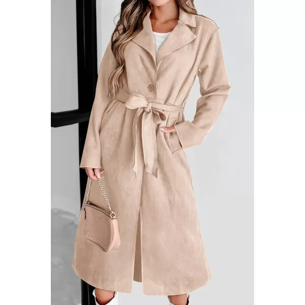 imagePRETTYGARDEN Womens 2023 Fall Fashion Overcoat Faux Suede Shacket Jacket Lapel Belted Long Trench CoatsBeige
