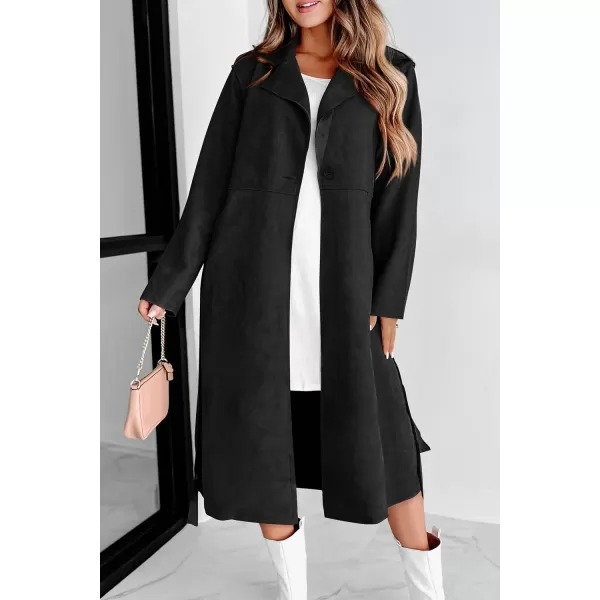 imagePRETTYGARDEN Womens 2023 Fall Fashion Overcoat Faux Suede Shacket Jacket Lapel Belted Long Trench CoatsBlack