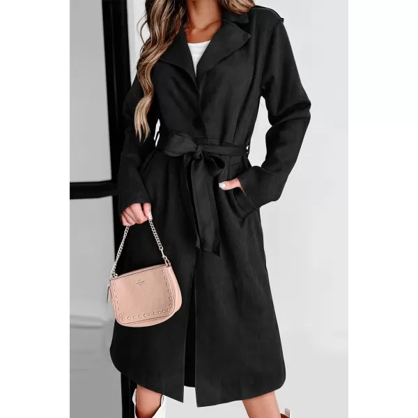 imagePRETTYGARDEN Womens 2023 Fall Fashion Overcoat Faux Suede Shacket Jacket Lapel Belted Long Trench CoatsBlack
