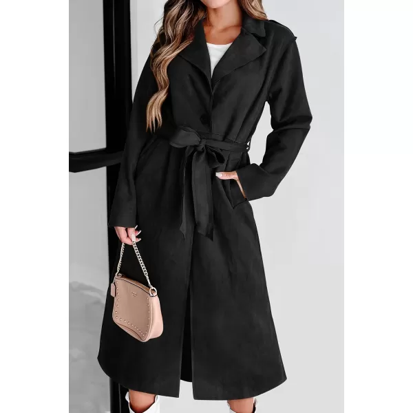 imagePRETTYGARDEN Womens 2023 Fall Fashion Overcoat Faux Suede Shacket Jacket Lapel Belted Long Trench CoatsBlack