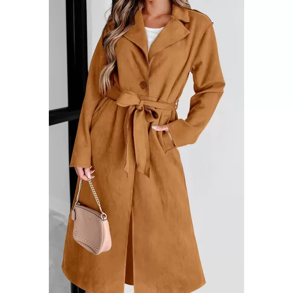 imagePRETTYGARDEN Womens 2023 Fall Fashion Overcoat Faux Suede Shacket Jacket Lapel Belted Long Trench CoatsBrown