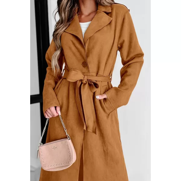 imagePRETTYGARDEN Womens 2023 Fall Fashion Overcoat Faux Suede Shacket Jacket Lapel Belted Long Trench CoatsBrown