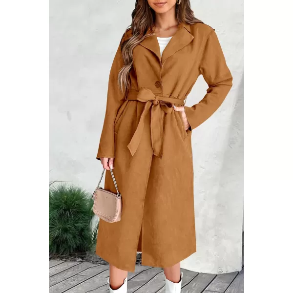 imagePRETTYGARDEN Womens 2023 Fall Fashion Overcoat Faux Suede Shacket Jacket Lapel Belted Long Trench CoatsBrown
