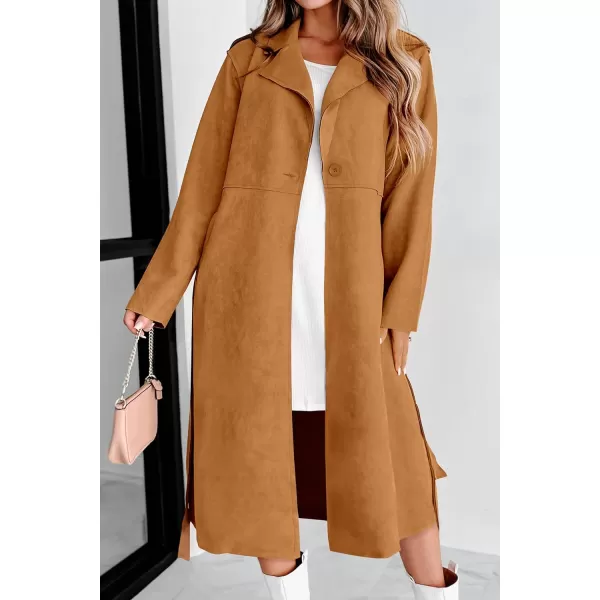 imagePRETTYGARDEN Womens 2023 Fall Fashion Overcoat Faux Suede Shacket Jacket Lapel Belted Long Trench CoatsBrown