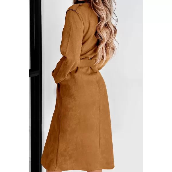 imagePRETTYGARDEN Womens 2023 Fall Fashion Overcoat Faux Suede Shacket Jacket Lapel Belted Long Trench CoatsBrown