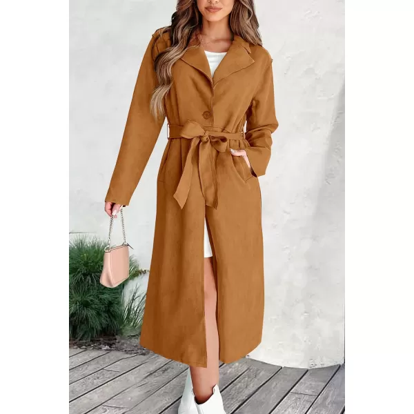 imagePRETTYGARDEN Womens 2023 Fall Fashion Overcoat Faux Suede Shacket Jacket Lapel Belted Long Trench CoatsBrown