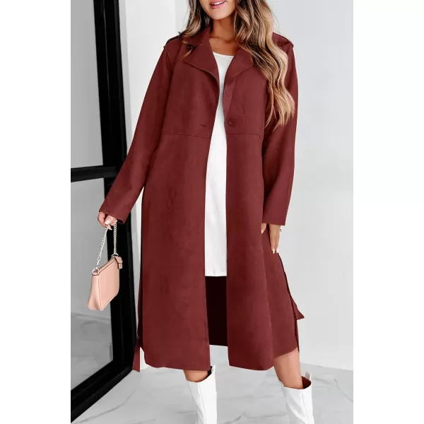 imagePRETTYGARDEN Womens 2023 Fall Fashion Overcoat Faux Suede Shacket Jacket Lapel Belted Long Trench CoatsBrown Red