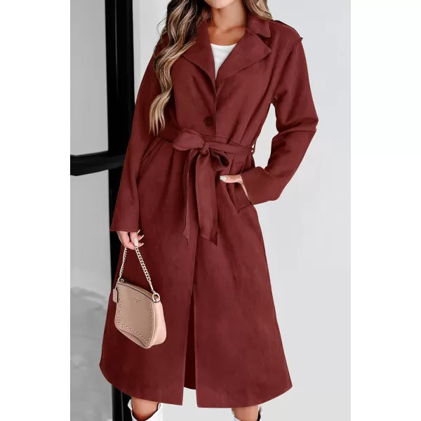 imagePRETTYGARDEN Womens 2023 Fall Fashion Overcoat Faux Suede Shacket Jacket Lapel Belted Long Trench CoatsBrown Red