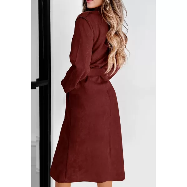 imagePRETTYGARDEN Womens 2023 Fall Fashion Overcoat Faux Suede Shacket Jacket Lapel Belted Long Trench CoatsBrown Red