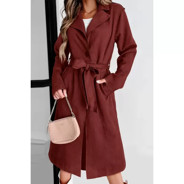 imagePRETTYGARDEN Womens 2023 Fall Fashion Overcoat Faux Suede Shacket Jacket Lapel Belted Long Trench CoatsBrown Red
