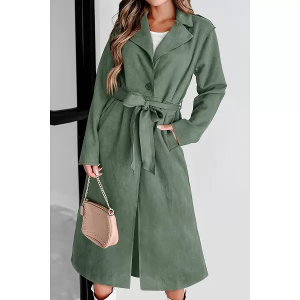 imagePRETTYGARDEN Womens 2023 Fall Fashion Overcoat Faux Suede Shacket Jacket Lapel Belted Long Trench CoatsGrey Green