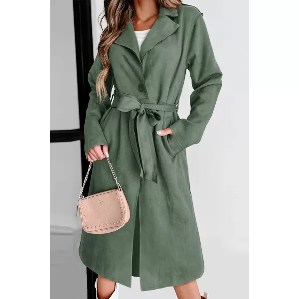 imagePRETTYGARDEN Womens 2023 Fall Fashion Overcoat Faux Suede Shacket Jacket Lapel Belted Long Trench CoatsGrey Green