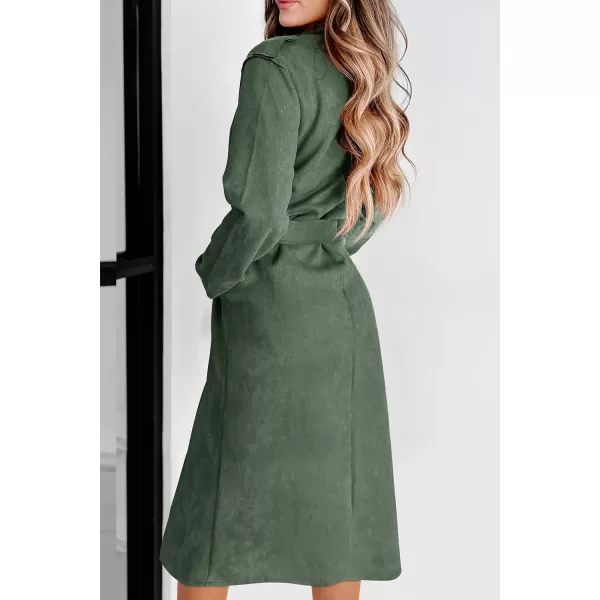 imagePRETTYGARDEN Womens 2023 Fall Fashion Overcoat Faux Suede Shacket Jacket Lapel Belted Long Trench CoatsGrey Green