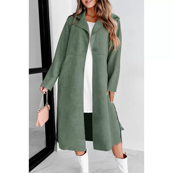 imagePRETTYGARDEN Womens 2023 Fall Fashion Overcoat Faux Suede Shacket Jacket Lapel Belted Long Trench CoatsGrey Green
